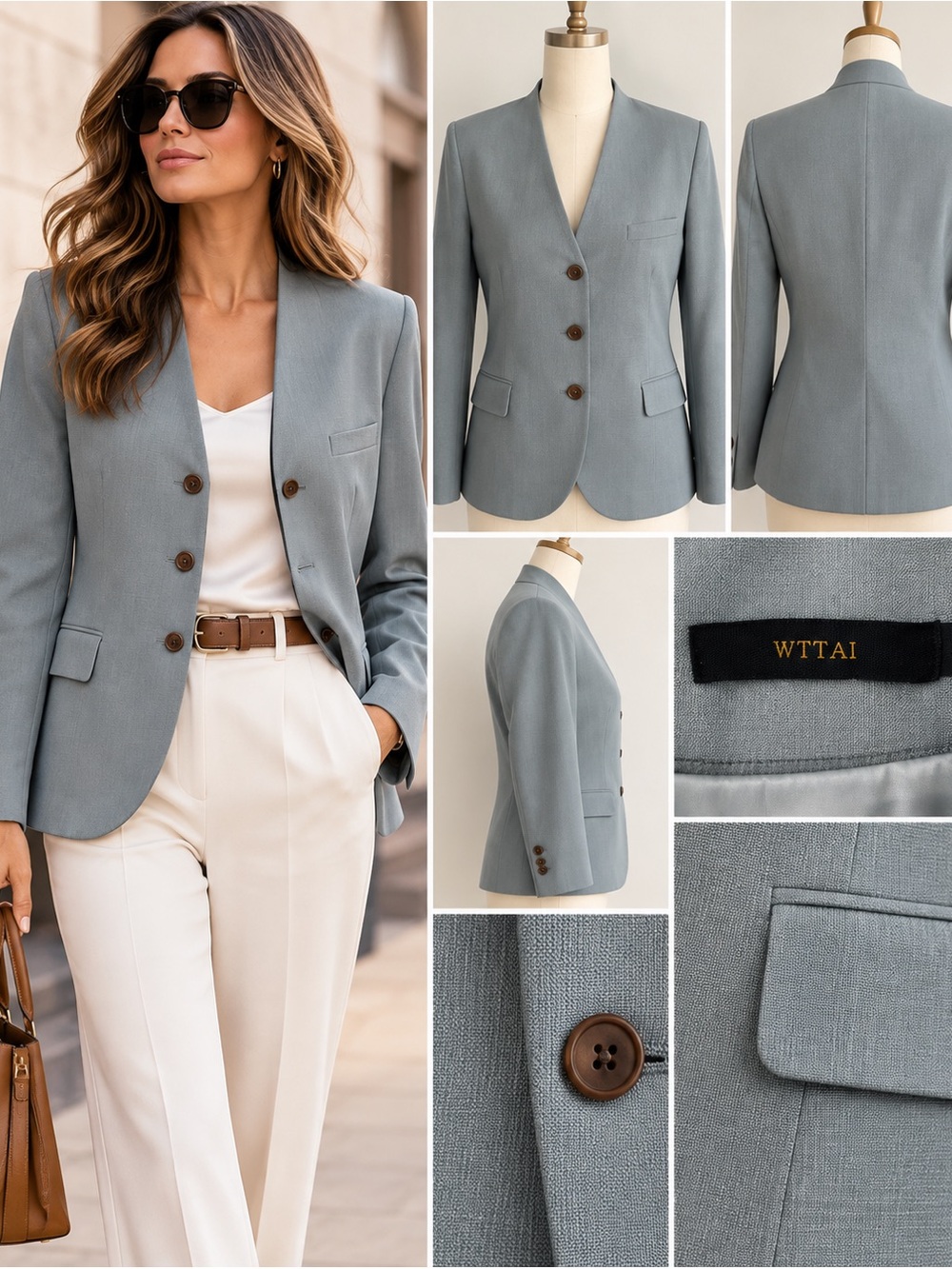 WTTAI Dusty Blue Textured Blazer Jacket M 3 Button Career Office
